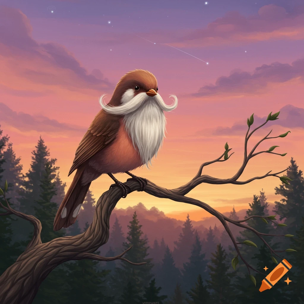 A charming brown and orange bird with a long white mustache and beard perches on a tree branch at sunset.
