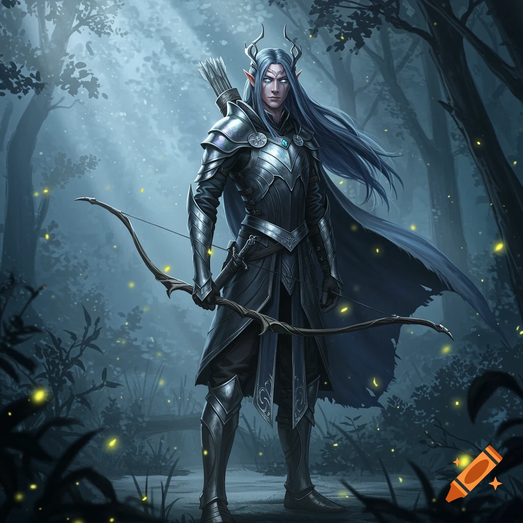 A male elf archer with long blue hair and deer-like horns, clad in dark silver armor, stands in a mystical moonlit forest.