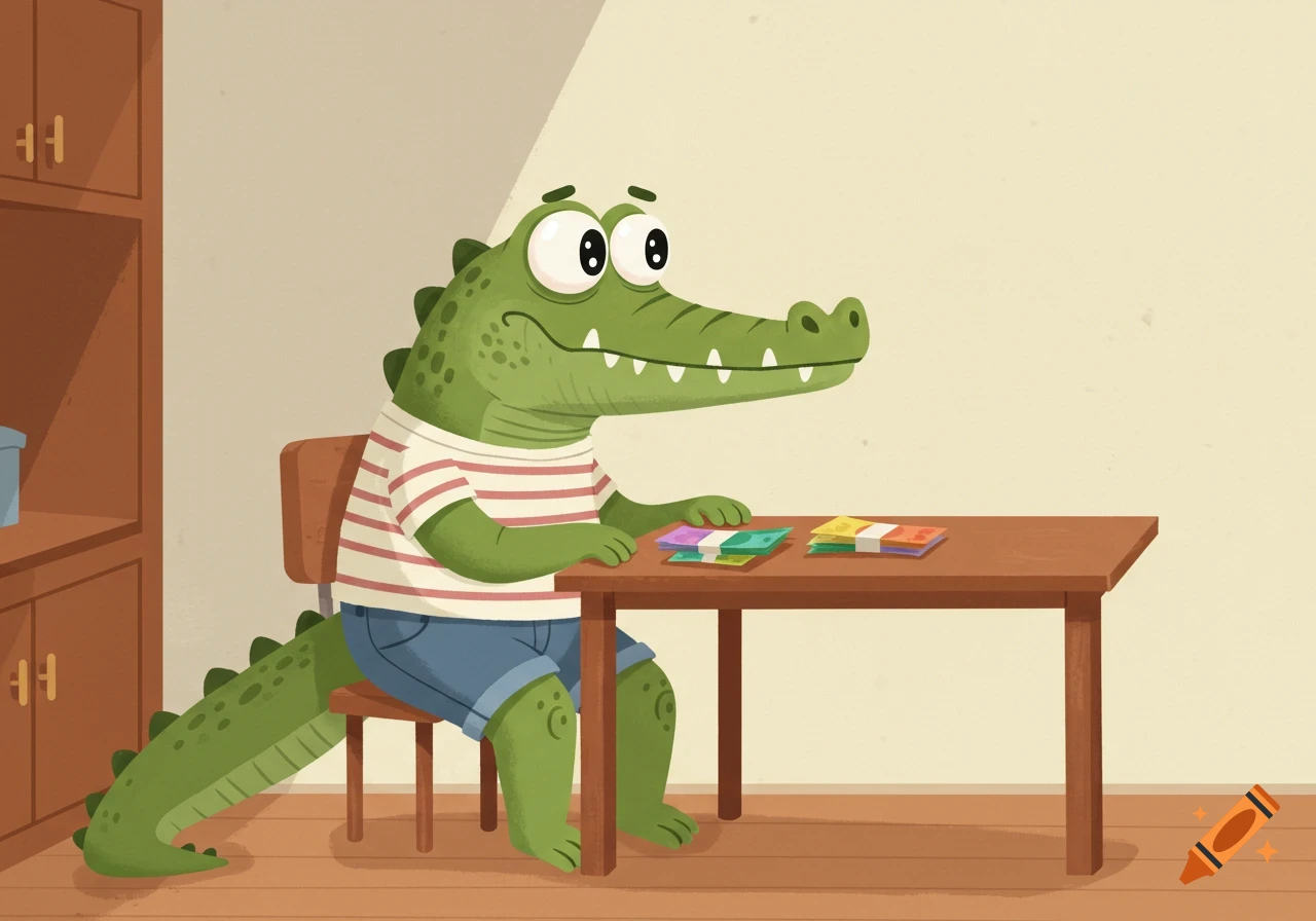 A cute green cartoon crocodile wearing a striped shirt and shorts sits at a kitchen table with stacks of colorful banknotes.