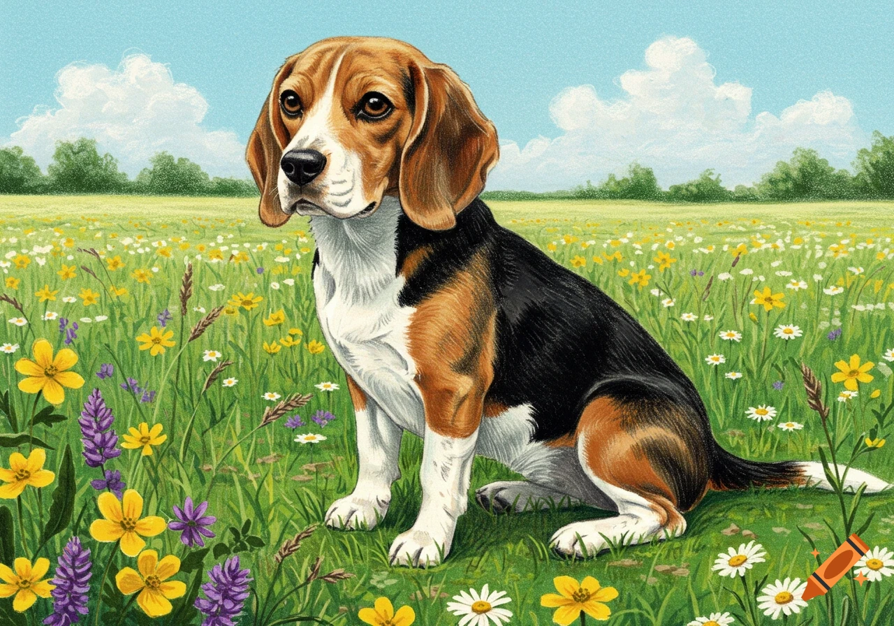 A tricolor beagle dog sits in a field of colorful wildflowers under a blue sky, in a detailed illustrative style.