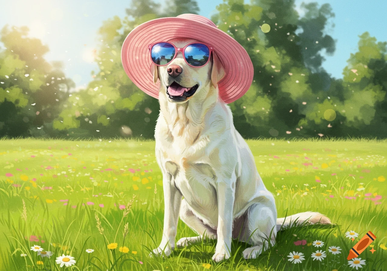 A happy white Labrador dog wearing a pink sunhat and blue sunglasses sits in a sunny green field with wildflowers.