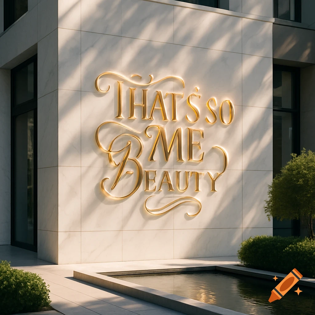 Gold embossed "THAT S SO ME BEAUTY" logo on a white marble building with a reflective pool in a digital art style.