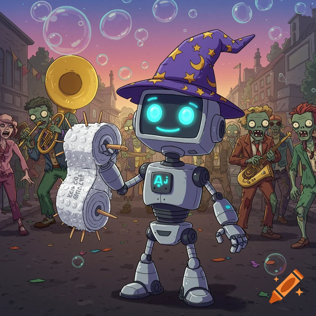 A cartoon robot in a wizard hat holding bubble wrap during a zombie parade.