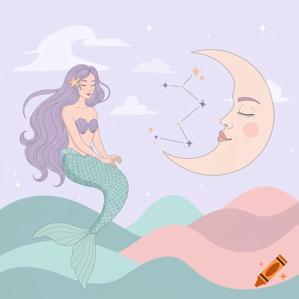 Pastel illustration of a mermaid, a crescent moon with a sleeping face, and the Leo constellation in a dreamy sky with waves.