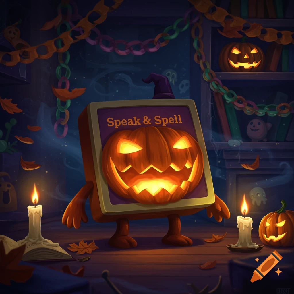 A stylized Halloween scene featuring a retro 'Speak & Spell' machine with a glowing jack-o'-lantern face, standing in a dark room illuminated by candles and surrounded by pumpkins and autumn leaves.