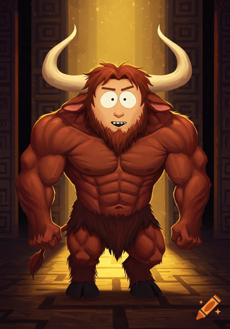 A cartoon minotaur with Timmy from South Park's face and a muscular bull body stands in a dimly lit, patterned hallway.