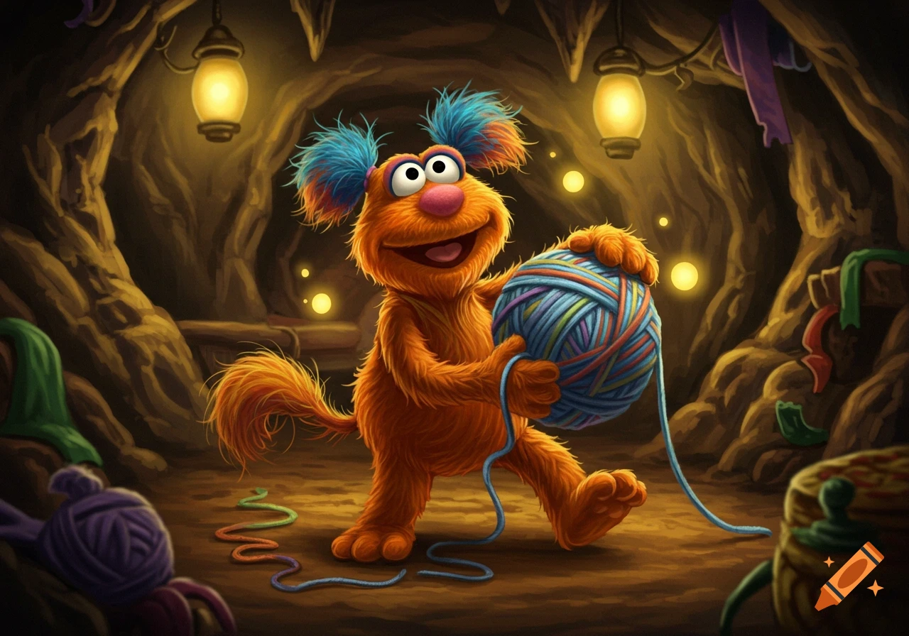 A cheerful orange furry creature resembling Boober Fraggle holds a large ball of colorful yarn in a dimly lit cave.