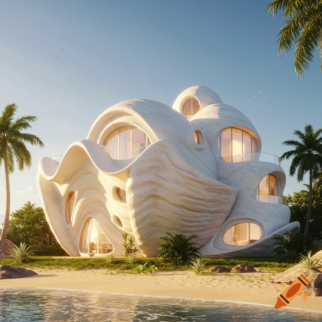A unique white clam-inspired house on a sandy beach with palm trees and calm ocean water under a clear blue sky.