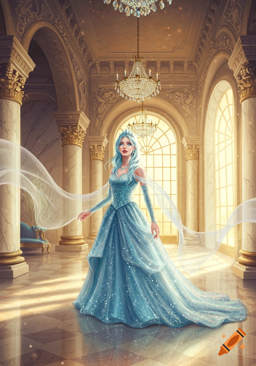 An illustrative image of a princess in a sparkling blue gown and a tiara, standing in a grand ballroom with ornate columns and chandeliers.