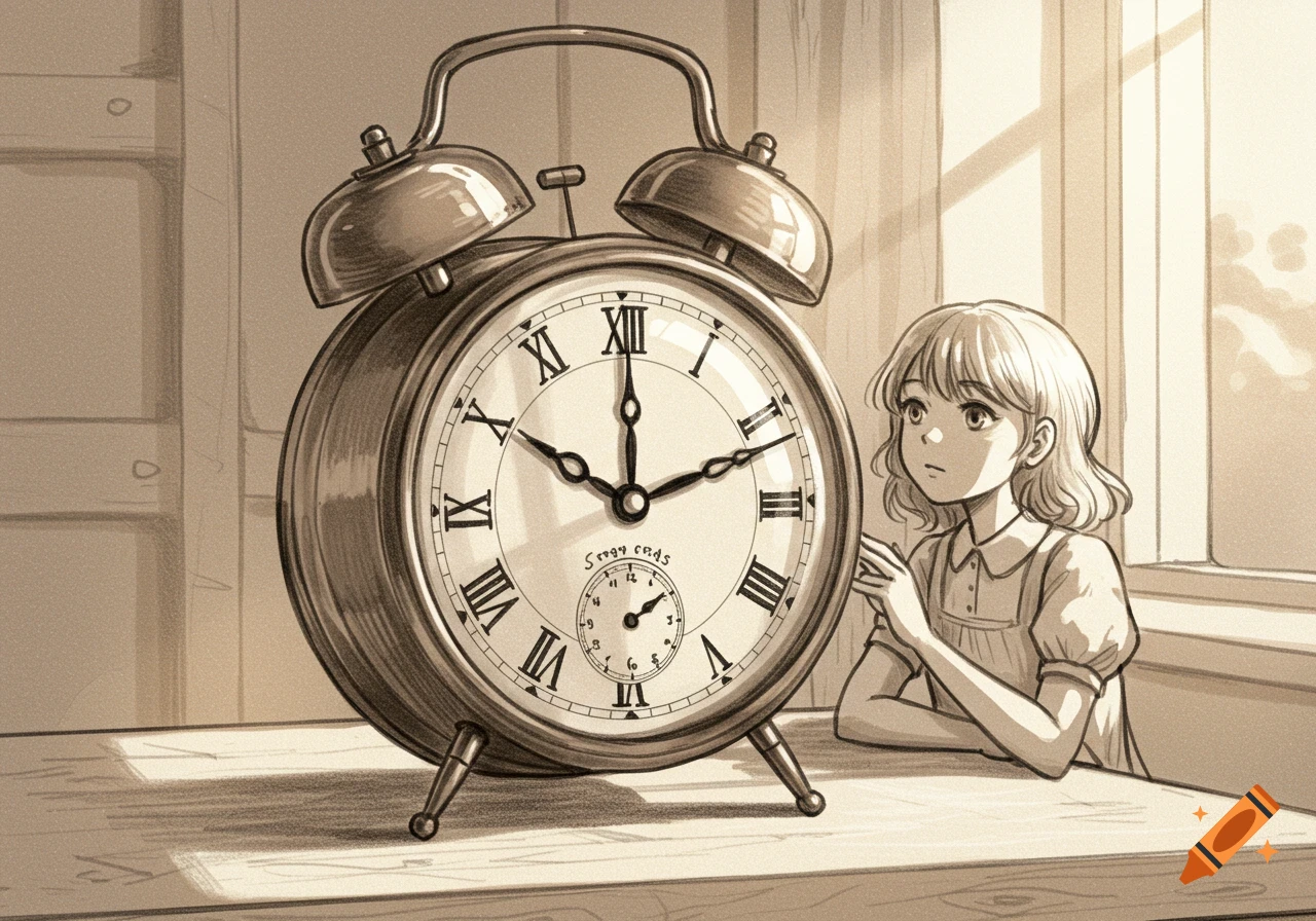 A sepia-toned sketch of an anime girl looking at a large alarm clock on a table by a window.