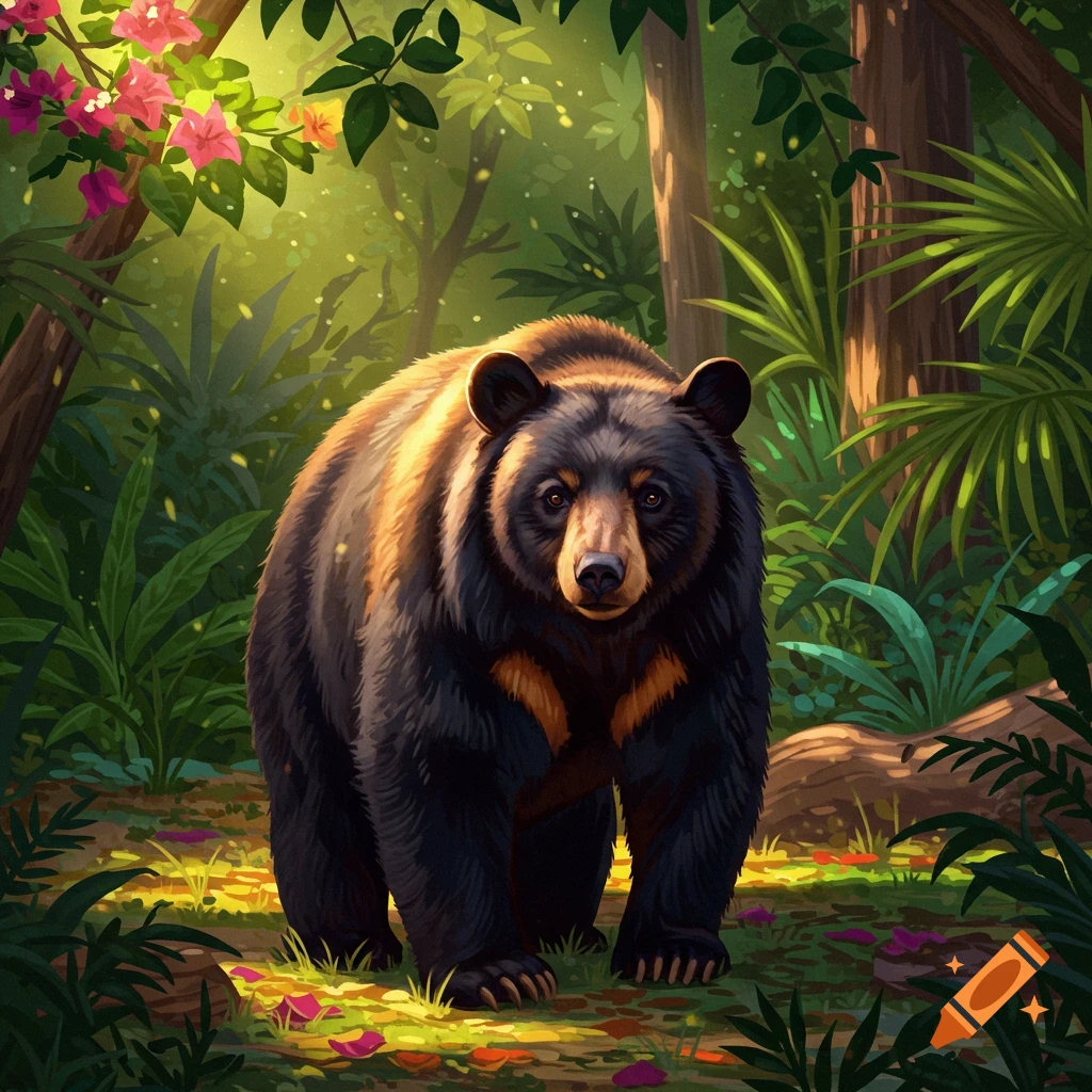 A black bear with brown markings stands in a lush, sunlit forest.