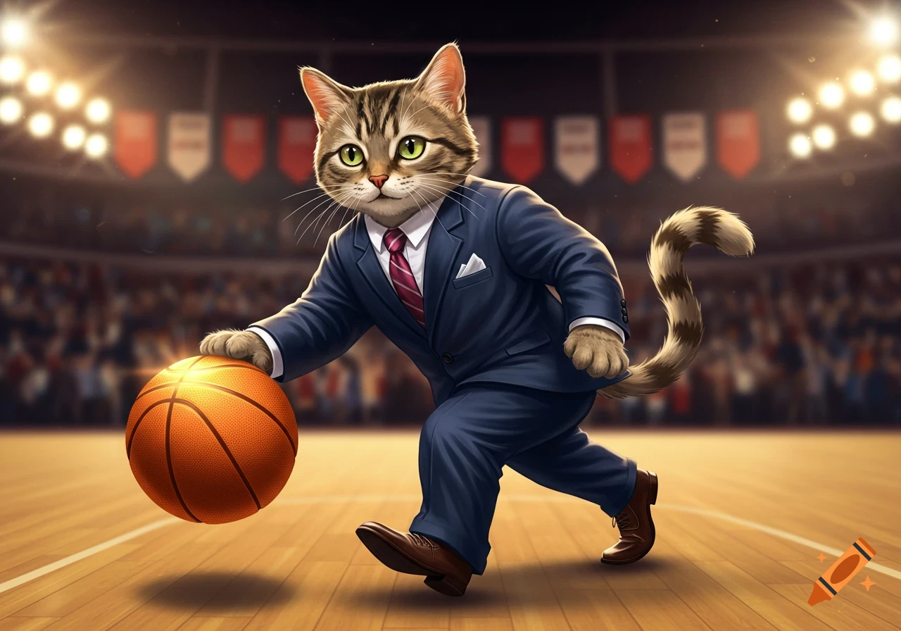 A cartoon cat wearing a blue suit and a striped tie dribbles a basketball on a court in a brightly lit arena.