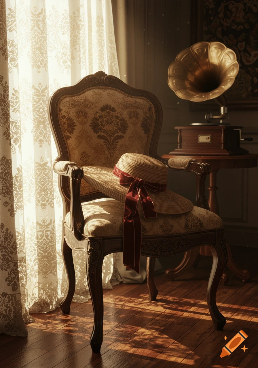 A straw hat with a red ribbon on a vintage armchair next to a gramophone, bathed in sunlight.
