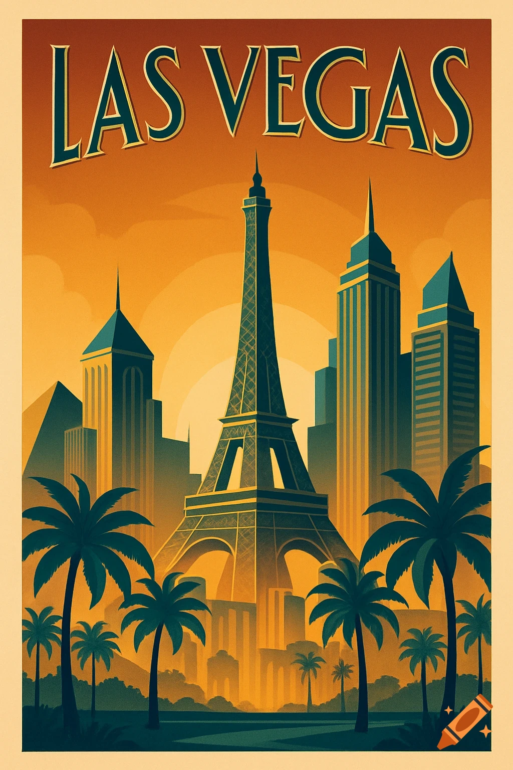 Art deco style travel poster for Las Vegas, featuring the Eiffel Tower replica, skyscrapers, and palm trees at sunset.