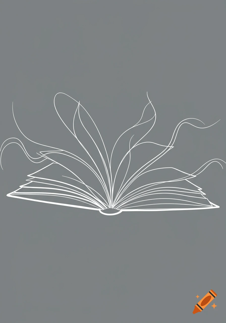 Minimalistic white line art of an open book with flowing pages on a grey background.