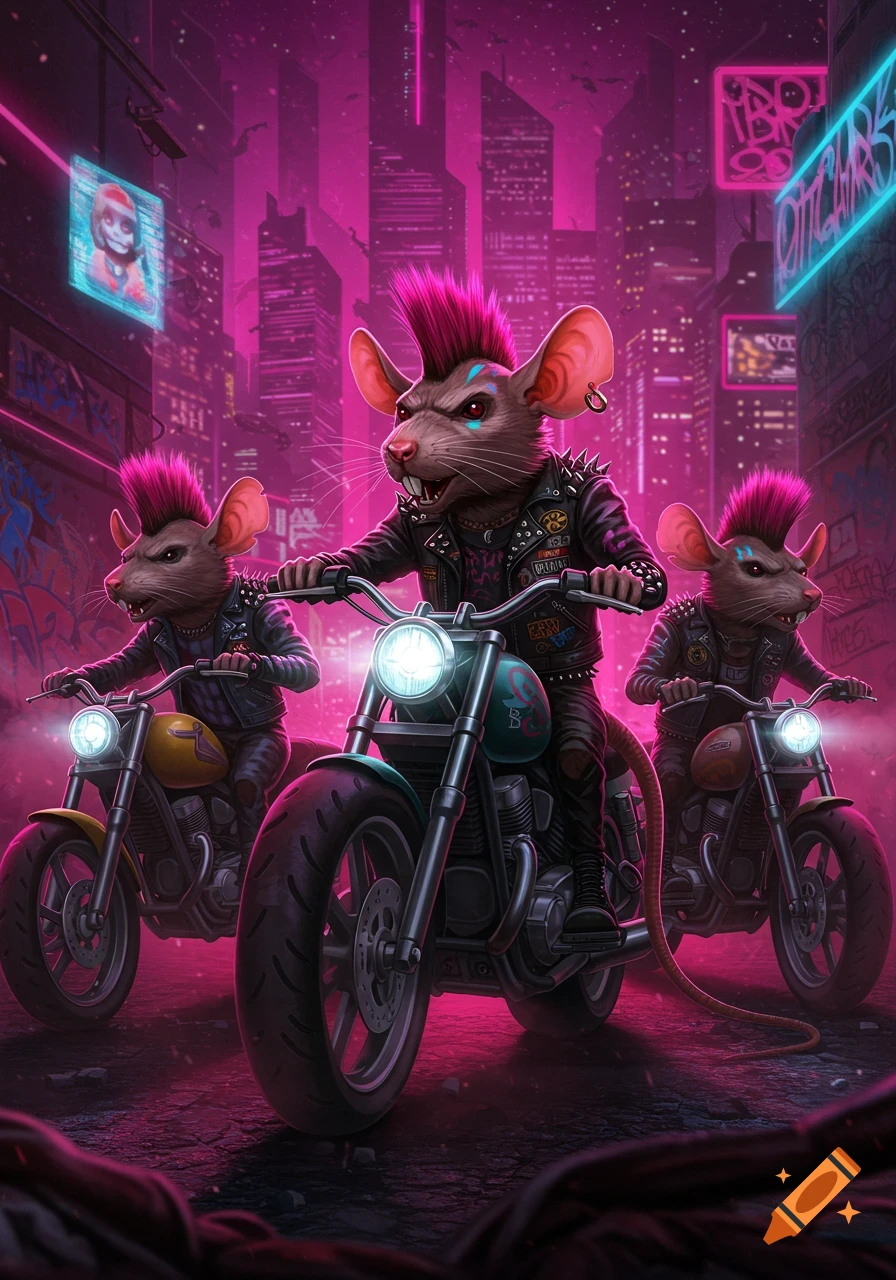 Three anthropomorphic punk rats with pink mohawks ride motorcycles through a neon-lit cyberpunk city at night, with glowing billboards in the background.