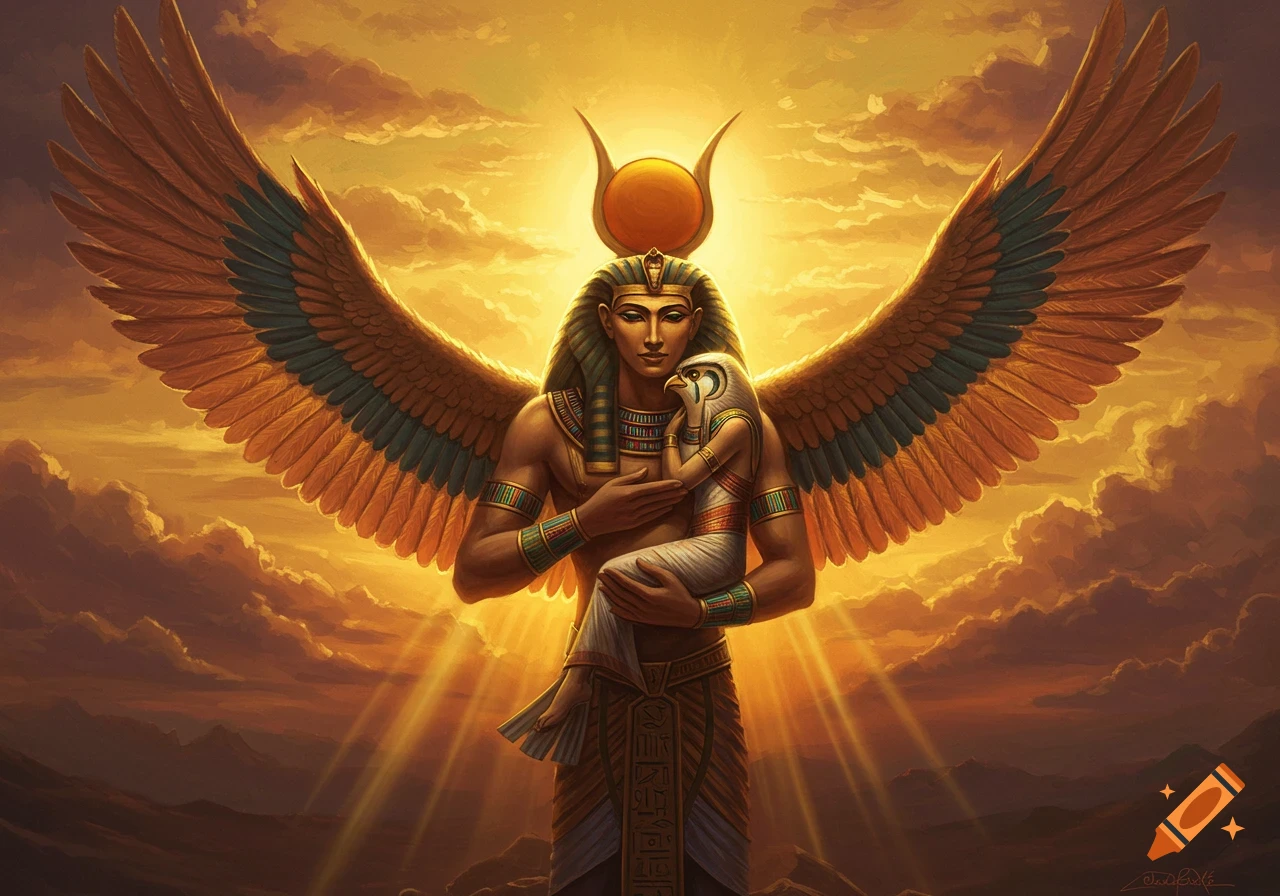 Winged Ra, the sun god, with a sun disk on his head, cradles a hawk-headed Horus against a dramatic golden sky in an oil painting.