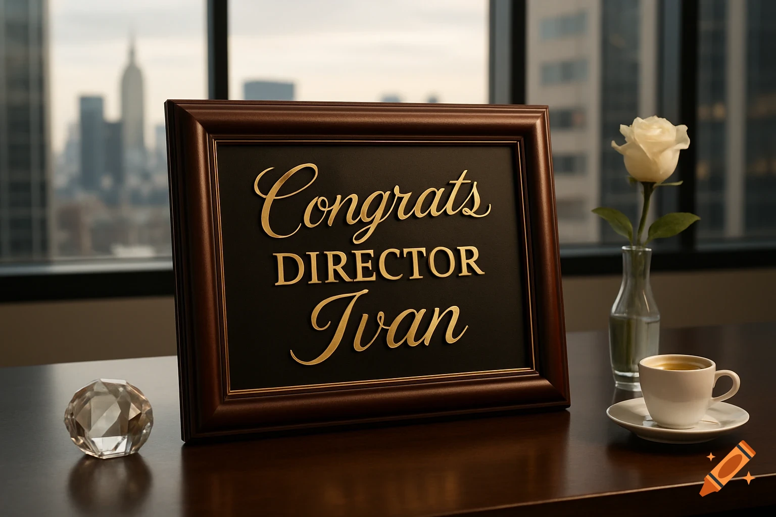 A framed sign reading 'Congrats DIRECTOR Ivan' on an office desk with a white rose, coffee, and crystal, overlooking a city skyline.