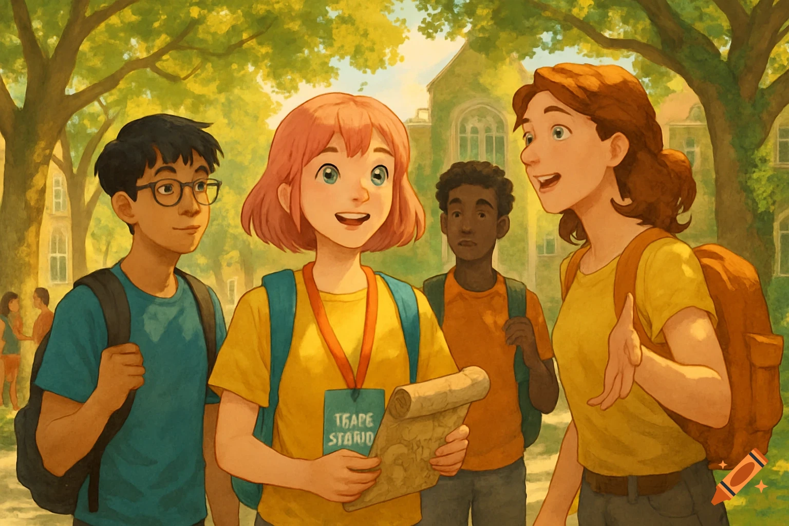 Illustrated group of diverse students with backpacks, one holding a scroll, standing in front of a school building under trees.