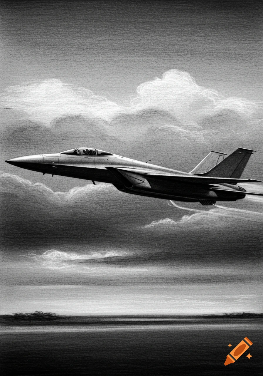 A charcoal drawing of a fighter jet flying through a cloudy sky.