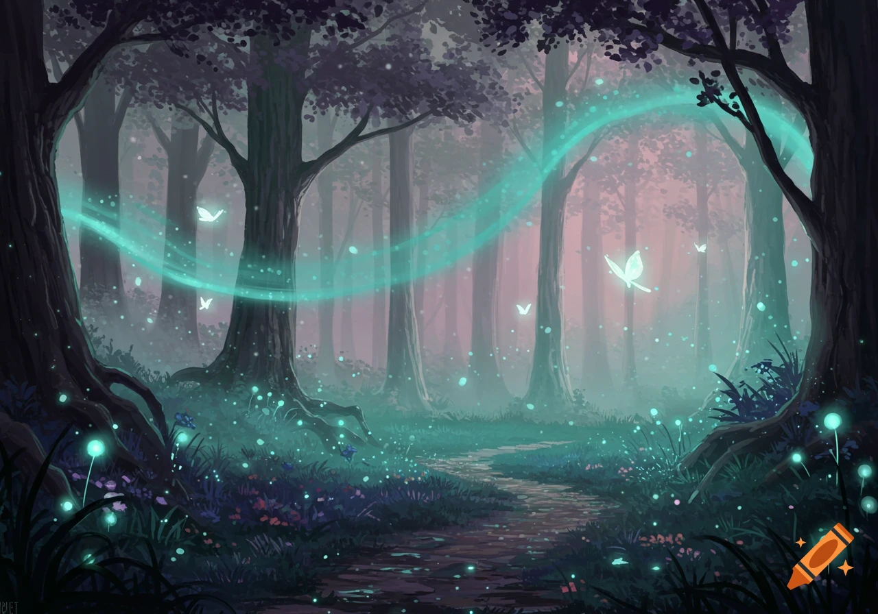 A vibrant, ethereal forest scene with glowing turquoise light, butterflies, and a path.