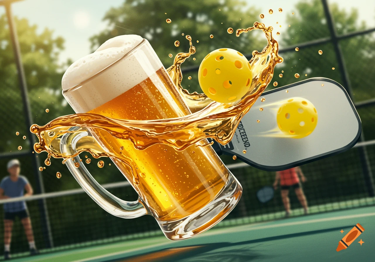 A photorealistic image of a beer mug overflowing with splashing beer next to a pickleball paddle hitting a pickleball on a court.