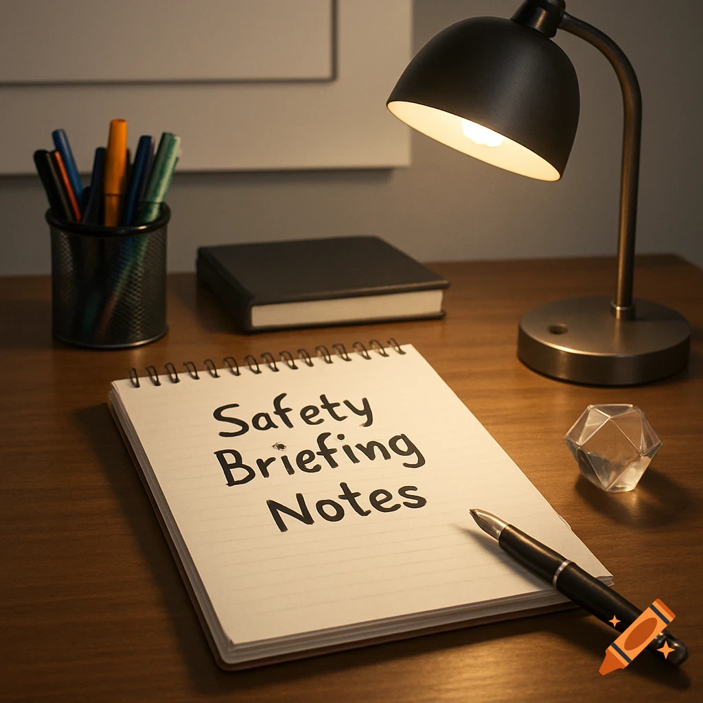 A photorealistic image of a notepad with 'Safety Briefing Notes' on an office desk with a lamp and pen.