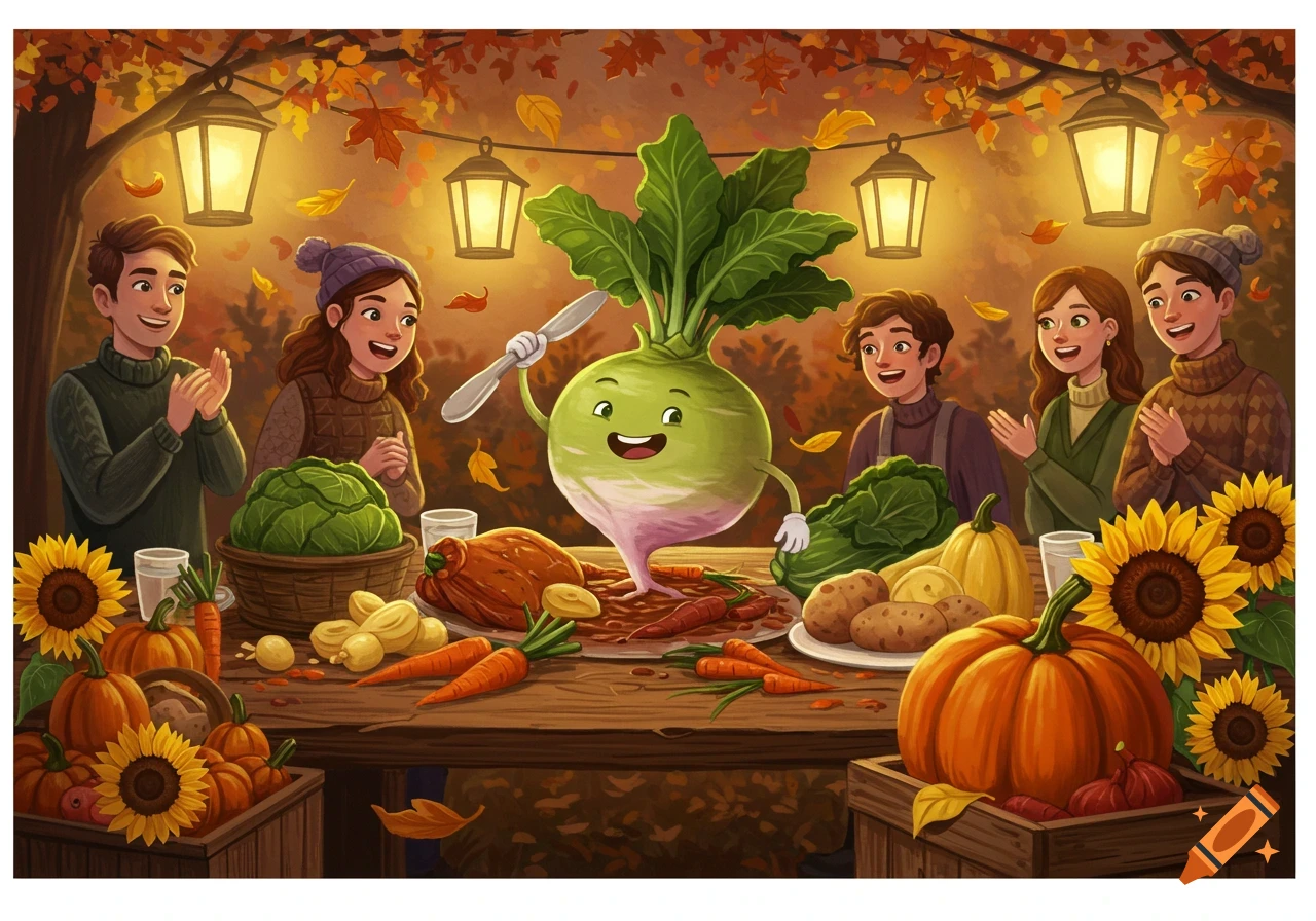 Cartoon illustration of people celebrating a harvest festival around a table with a smiling anthropomorphic turnip, pumpkins, and sunflowers.