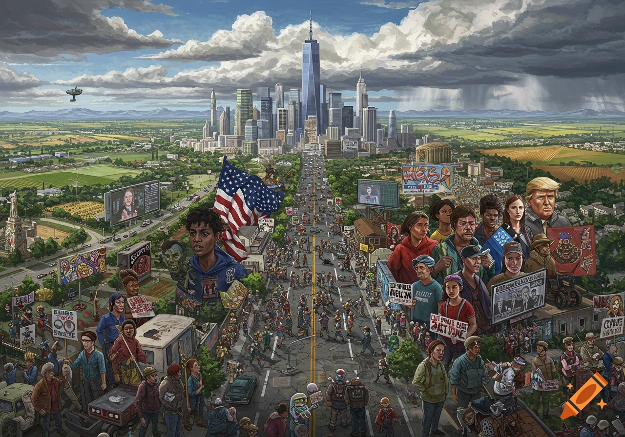 An expansive, detailed illustration depicts a crowded street leading to a futuristic city skyline. Diverse people gather along the road, some holding signs, with billboards and American flags visible. A large raincloud looms over the city while the foreground is brightly lit.