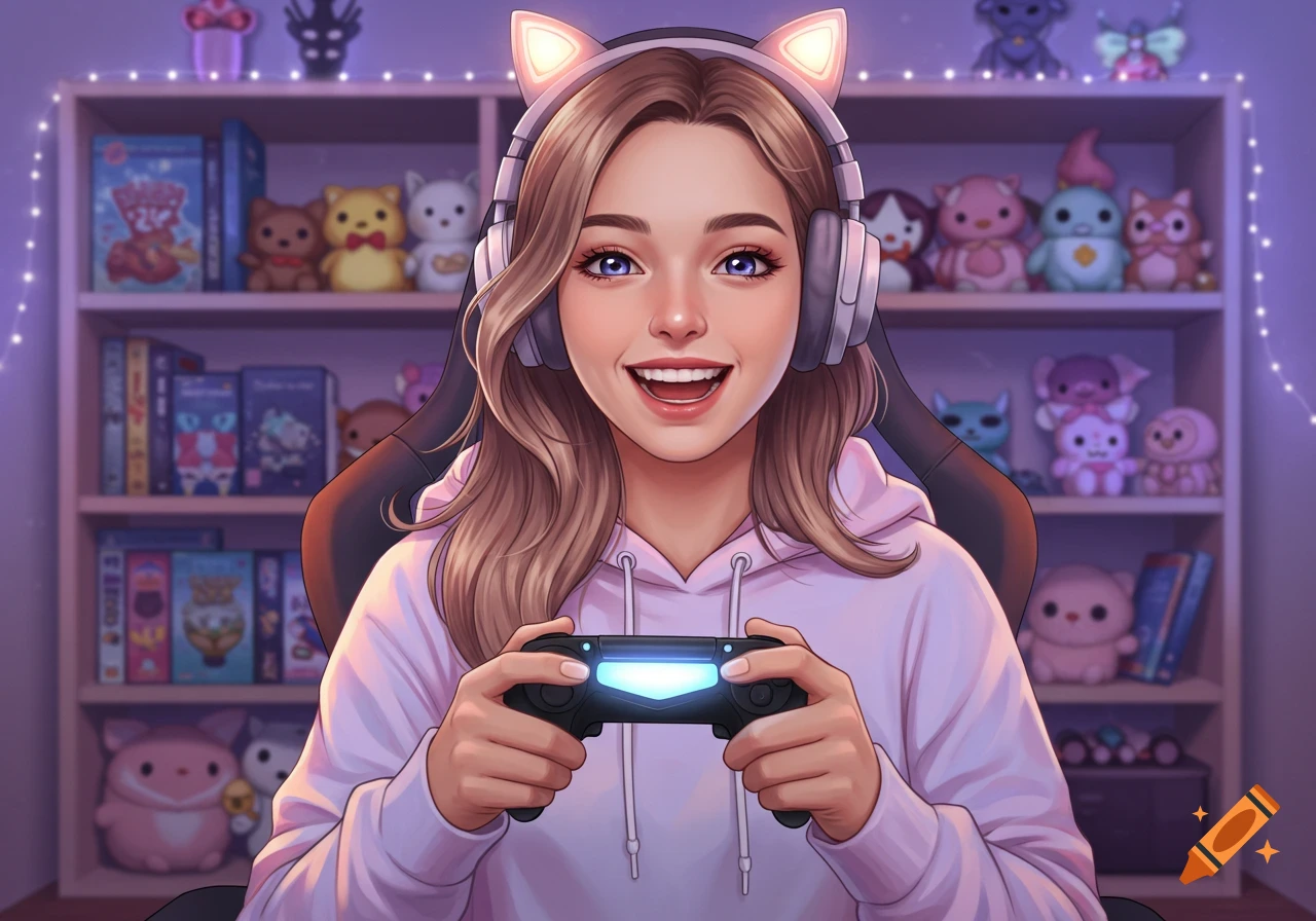Cheerful young woman with cat-ear headphones smiles, holding a game controller in a cozy gaming room with plushies and games. Digital art.