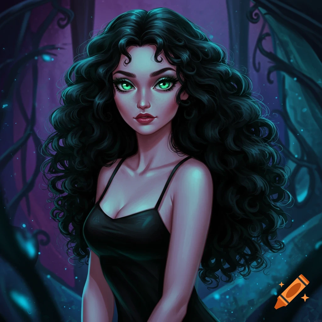 Stylized portrait of a woman with long black curly hair, green eyes, and a black slip dress against a dark, glowing background.