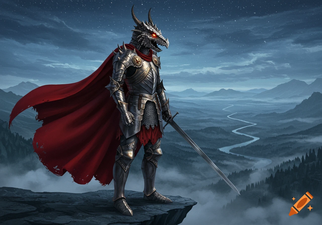 A dragon-headed knight in silver armor and a red cape stands on a rocky cliff overlooking a misty valley at night.
