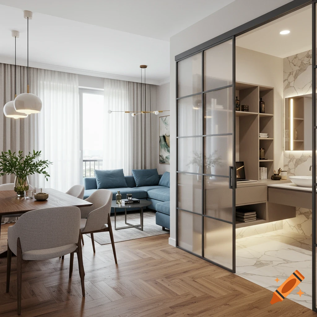 Photorealistic modern apartment interior with dining, living room, and a glass-partitioned bathroom.