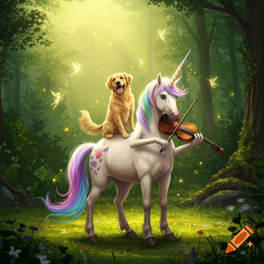 Unicorn playing violin with a golden retriever on its back in a magical, sunlit forest with fairies.