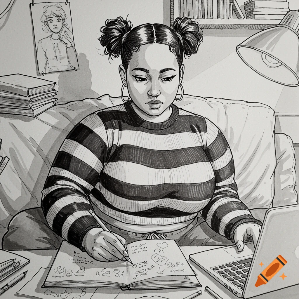 Black and white sketch of a curvy woman with pigtails, sitting on a couch, sketching in a book with a laptop.