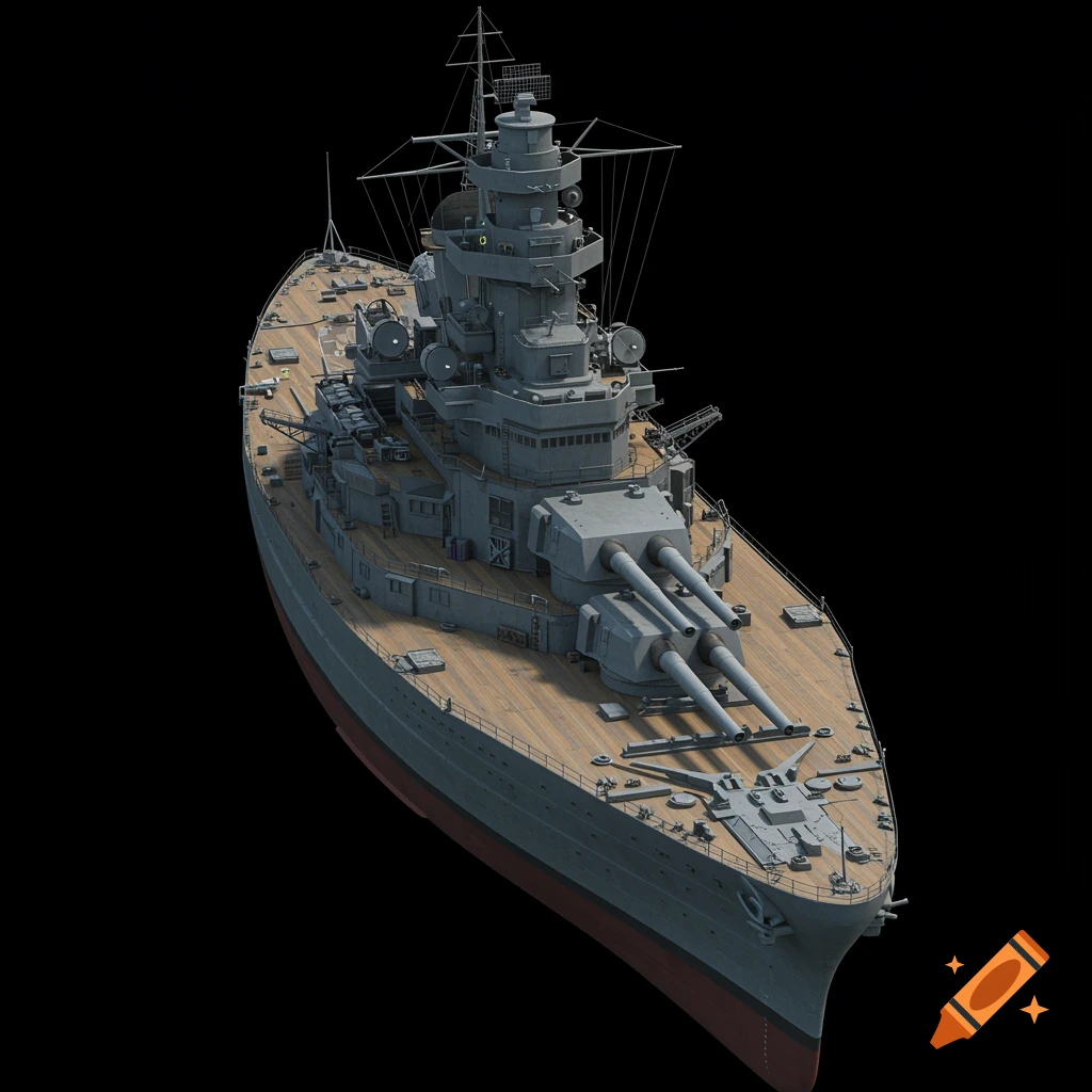 An overhead view of a detailed gray battleship with wooden decks and three large turrets, against a black background.