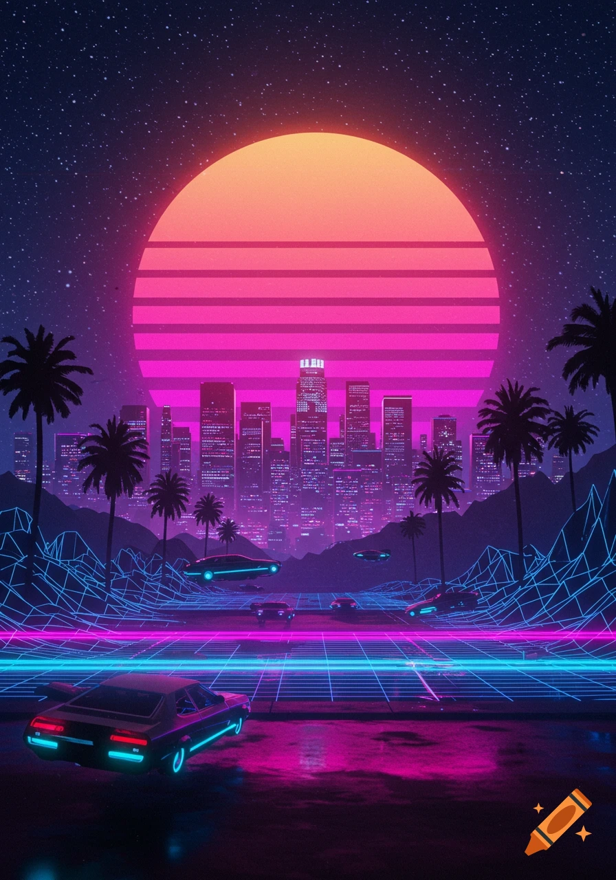 A vibrant synthwave cityscape at night with neon-lit buildings, palm trees, and hovering cars on a glowing grid road under a large striped sunset.