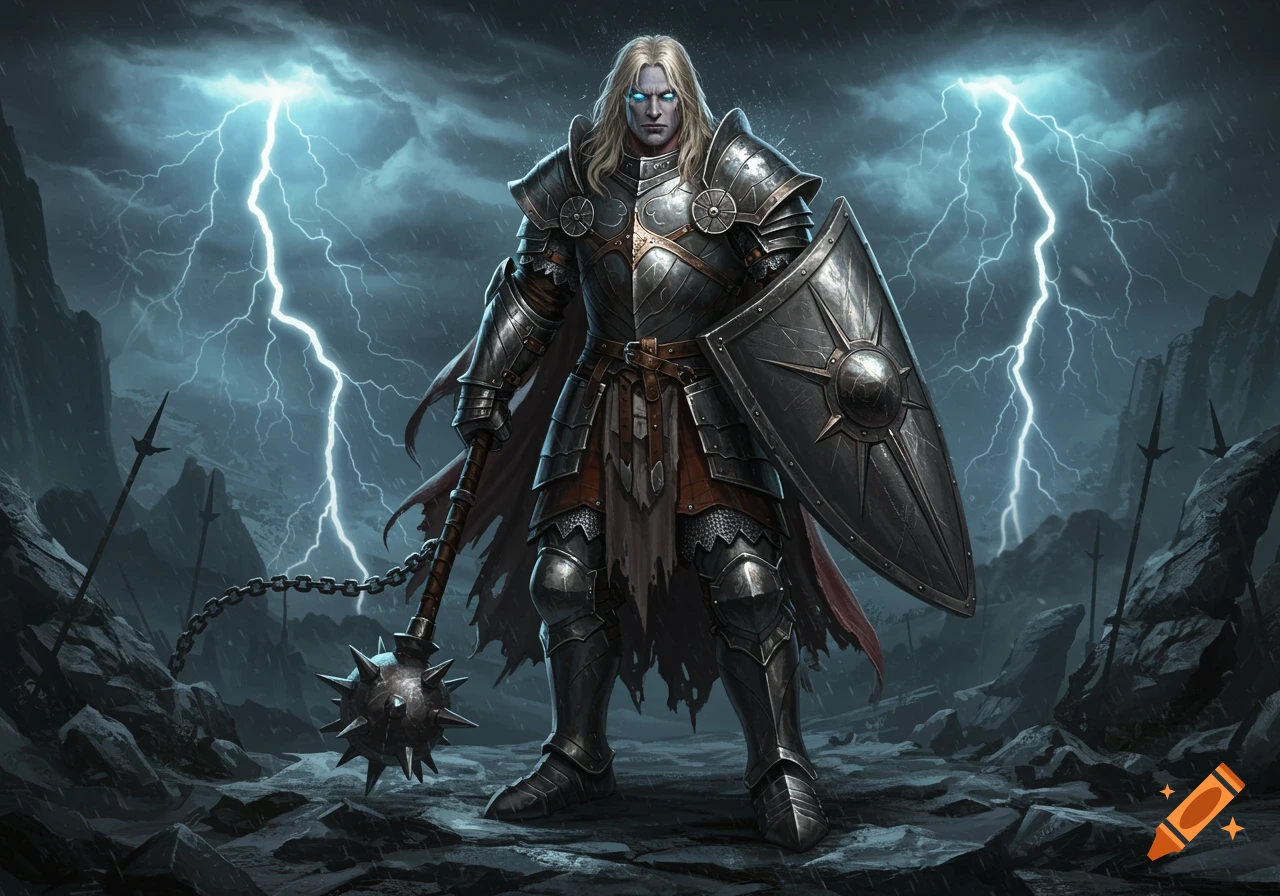 A knight in heavy armor with glowing blue eyes holds a shield and flail under a stormy sky with lightning.