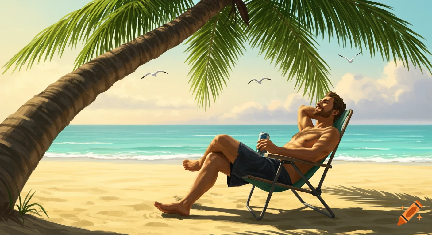 An illustration of a man relaxing in a chair under a palm tree on a sandy beach, holding a beer can, with the ocean in the background.