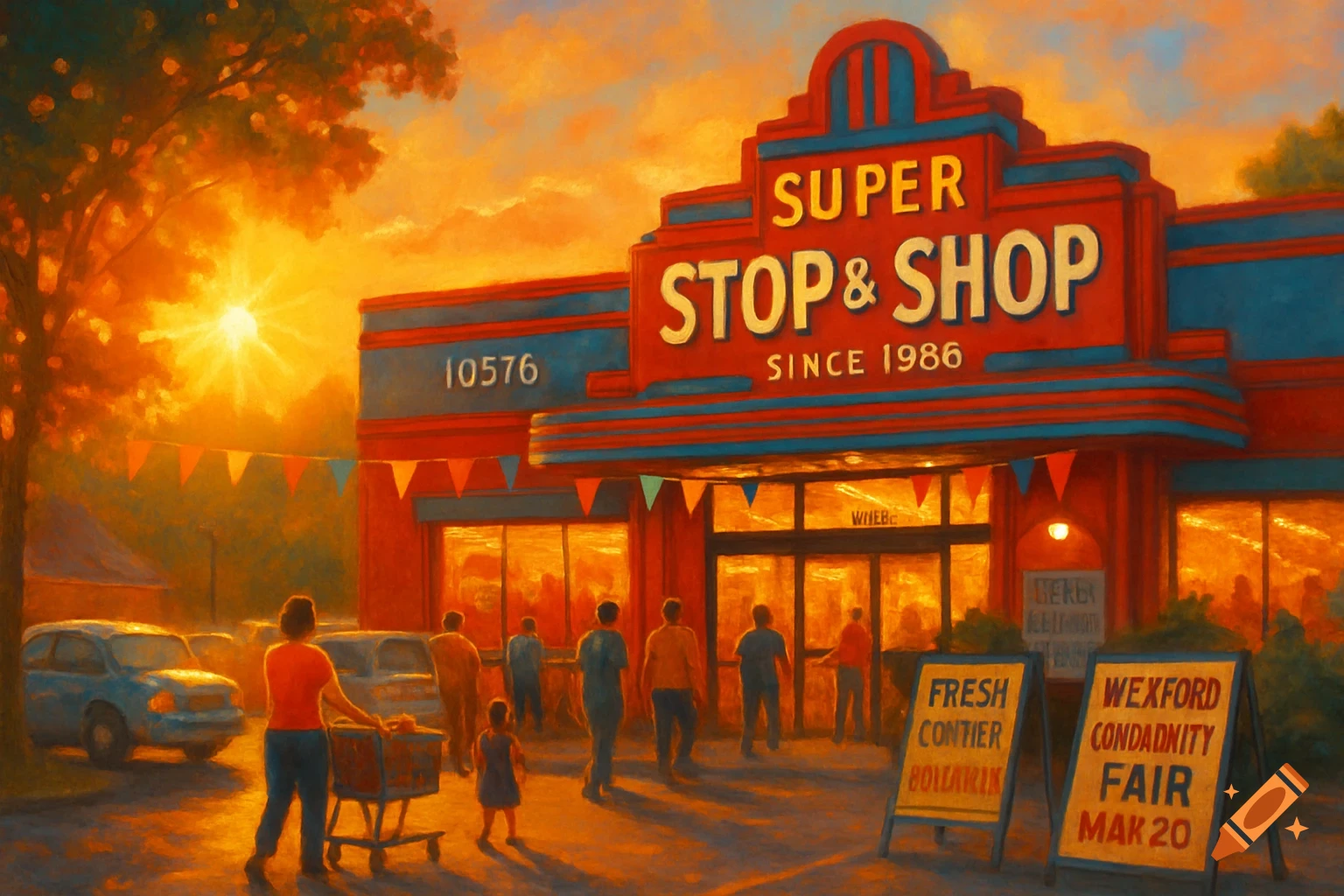 A vibrant painting of a Super Stop & Shop grocery store at sunset, with customers entering and leaving, and two signs in the foreground.