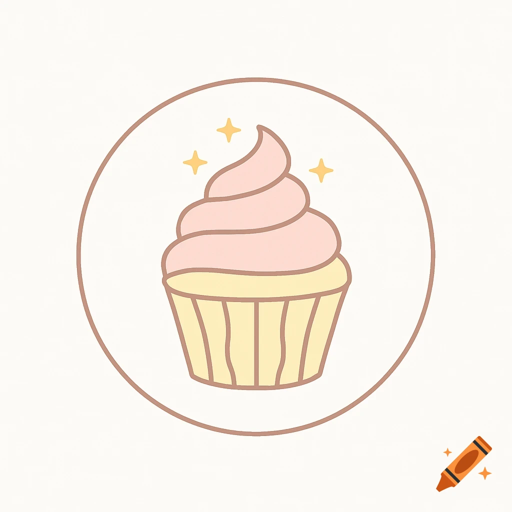 Simple cartoon logo of a cupcake with pink frosting and yellow wrapper, inside a brown circle with sparkles.