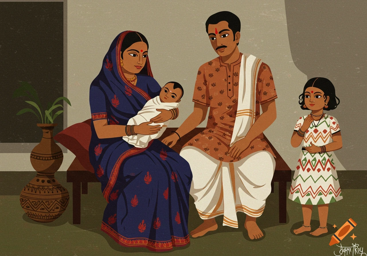A family with a mother holding a baby, a father, and a small girl standing nearby, in Jamini Roy painting style.