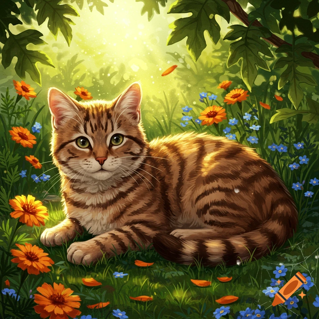 A fluffy brown tabby cat with green eyes lies among orange and blue flowers in a sunlit forest clearing, rendered in an illustrative style.