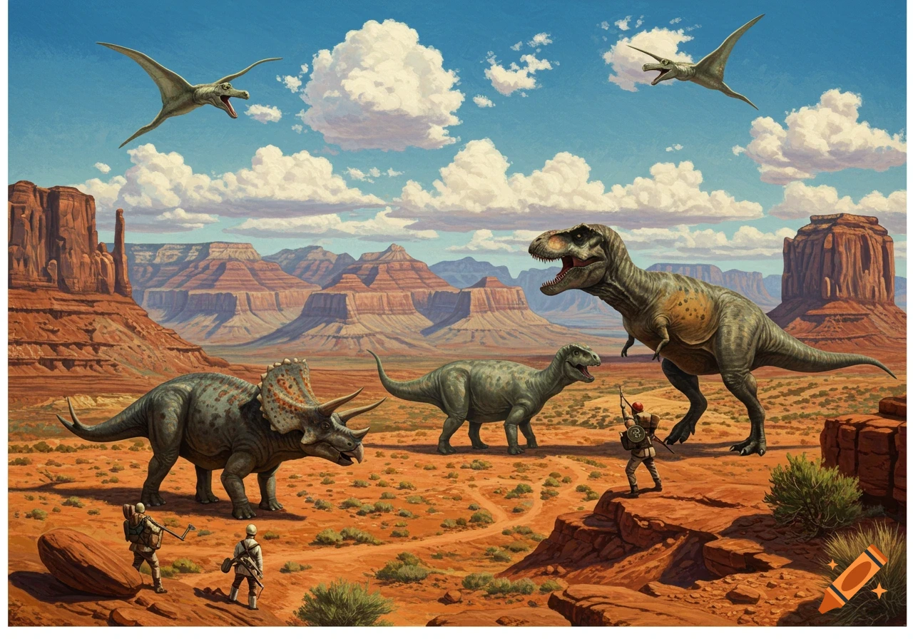 Painting of dinosaurs, including a T-Rex and Triceratops, with explorers in a vast desert landscape with mesas.