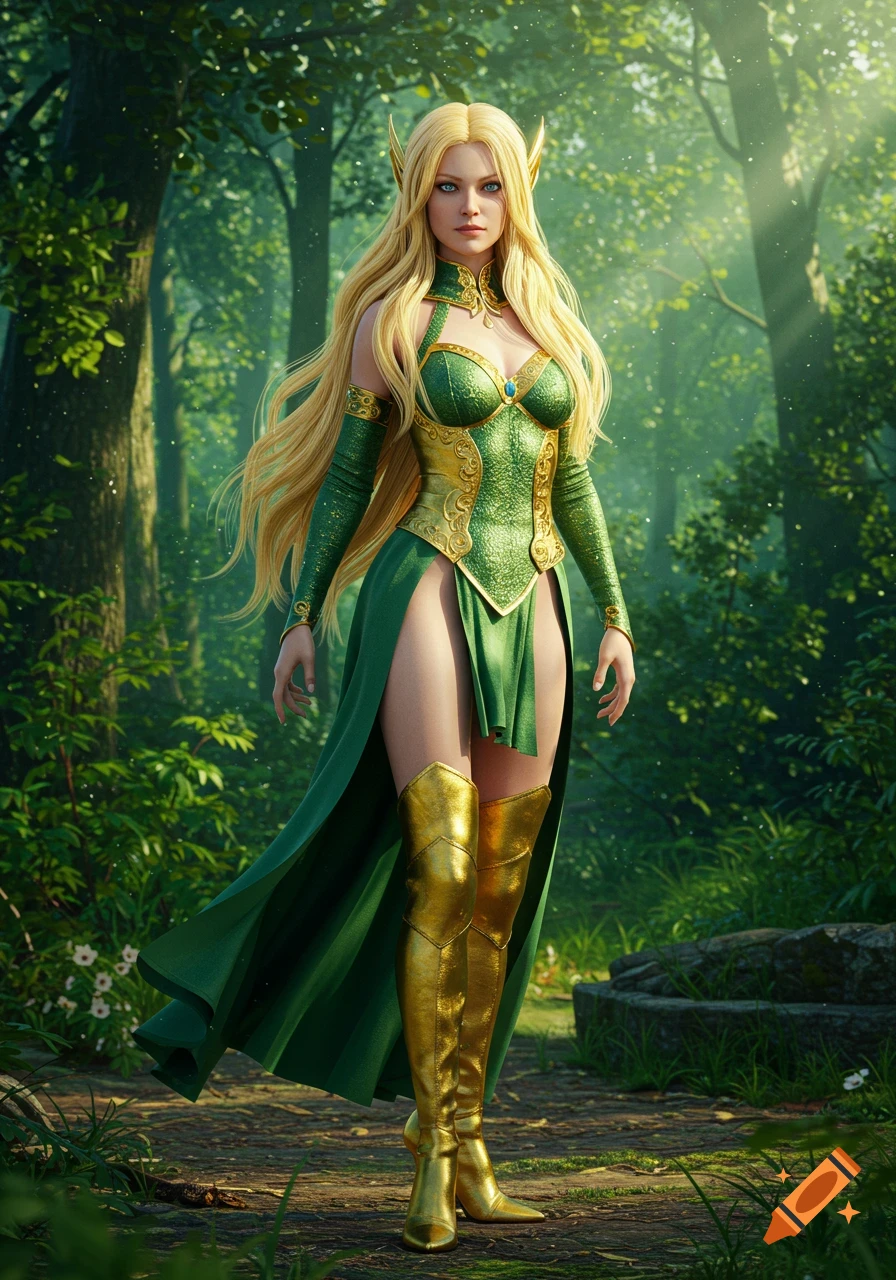 Photorealistic portrait of a blonde elf in a gold and green dress and gold boots standing in a sunlit forest.