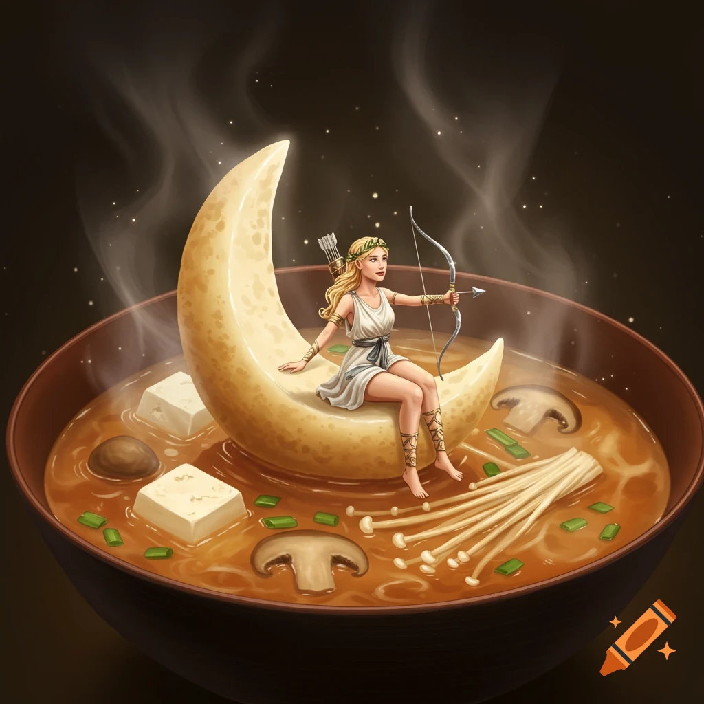 Artemis, a goddess, sits on a crescent moon in a bowl of steaming miso soup with mushrooms, tofu, and green onions.