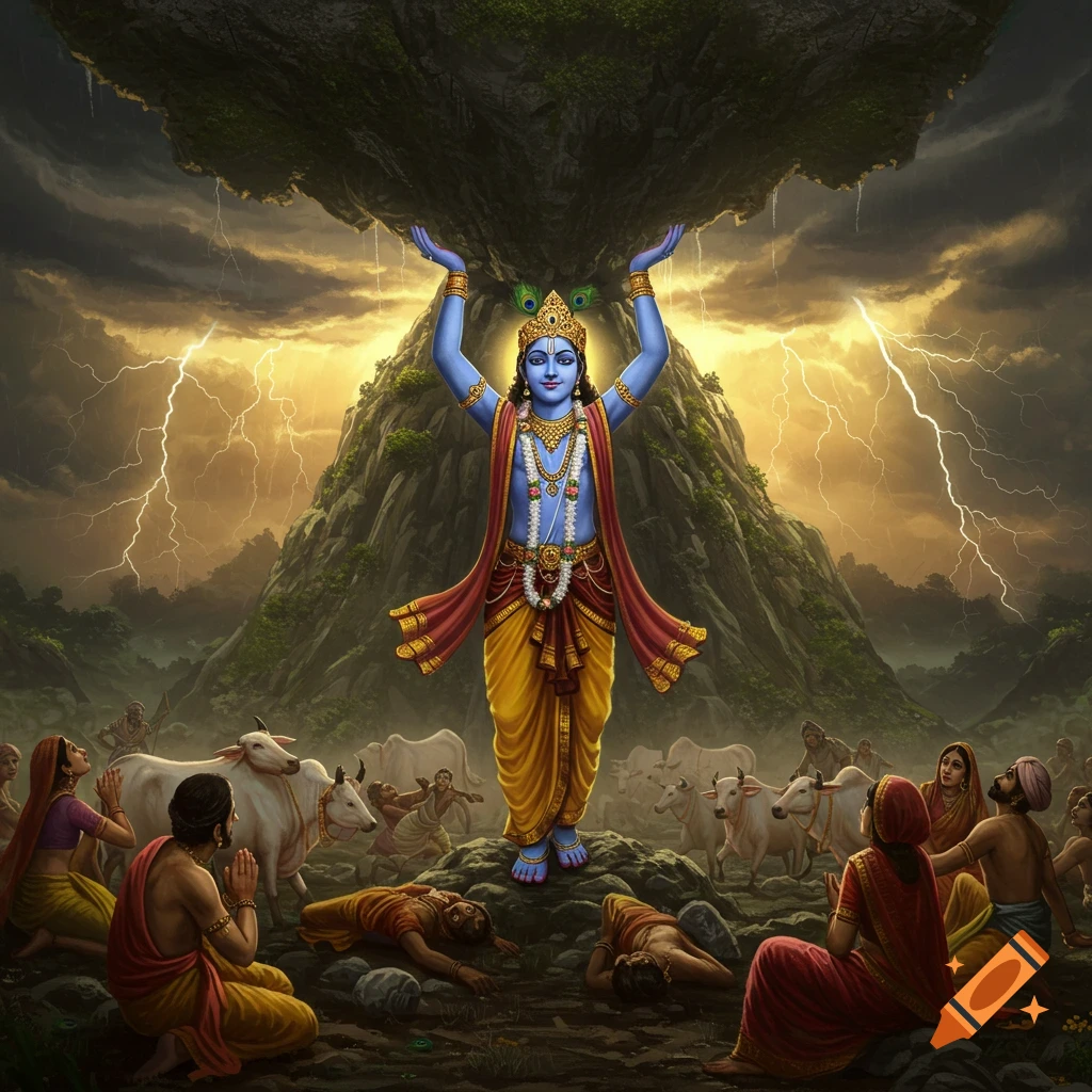 Blue-skinned Krishna holds up a rocky mountain under a dramatic stormy sky with lightning, while people and cows gather below.