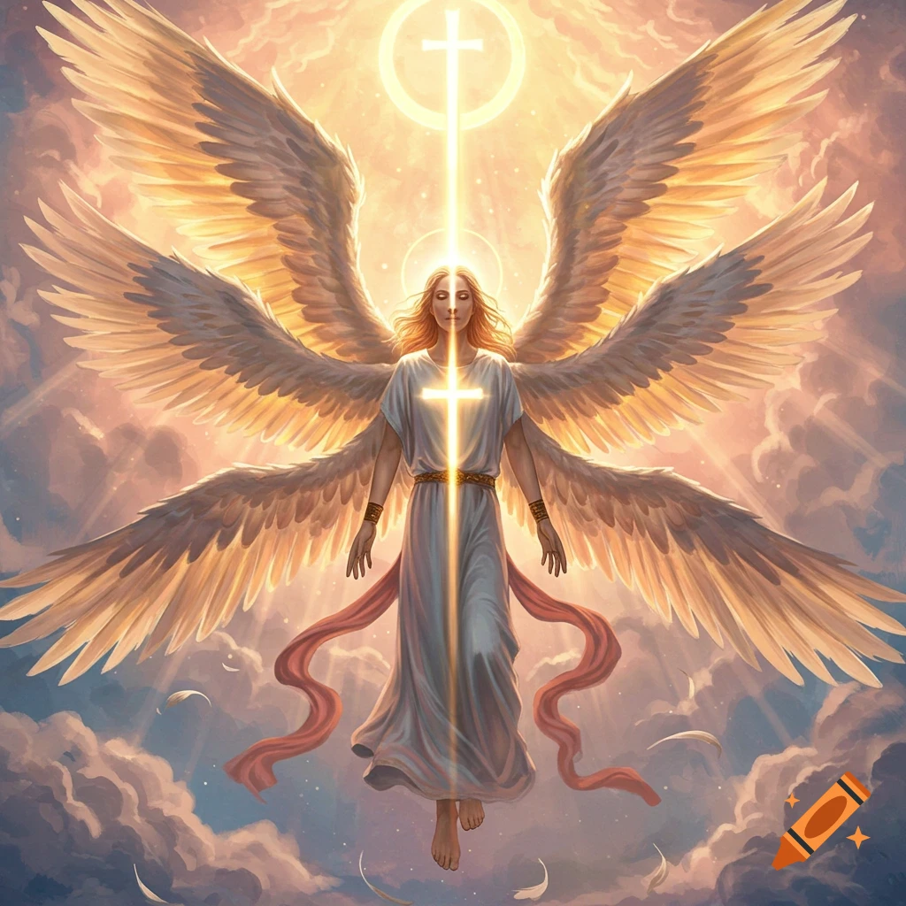 A multi-winged angel with long flowing hair floats in a bright, cloudy sky, illuminated by a glowing cross.