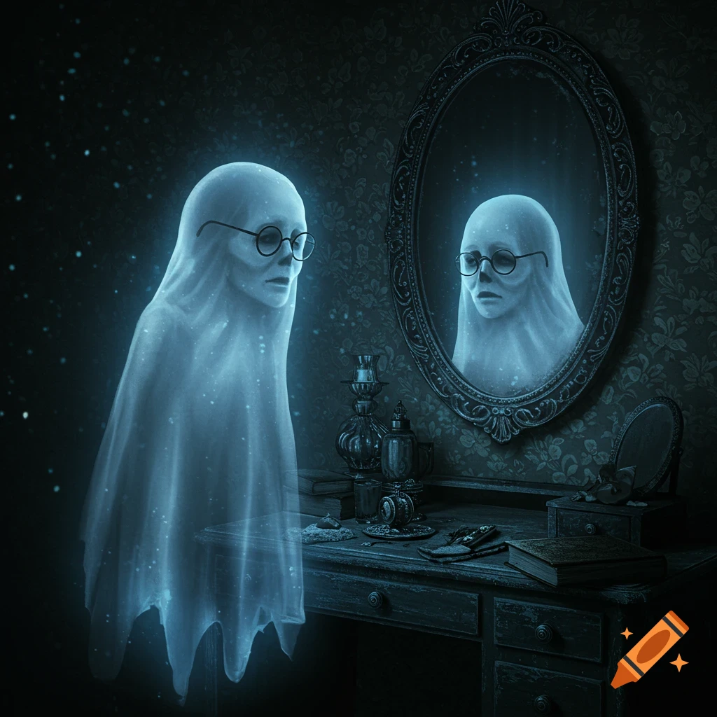 A glowing, sad ghost wearing glasses looks into an ornate oval mirror in a dark, patterned room.