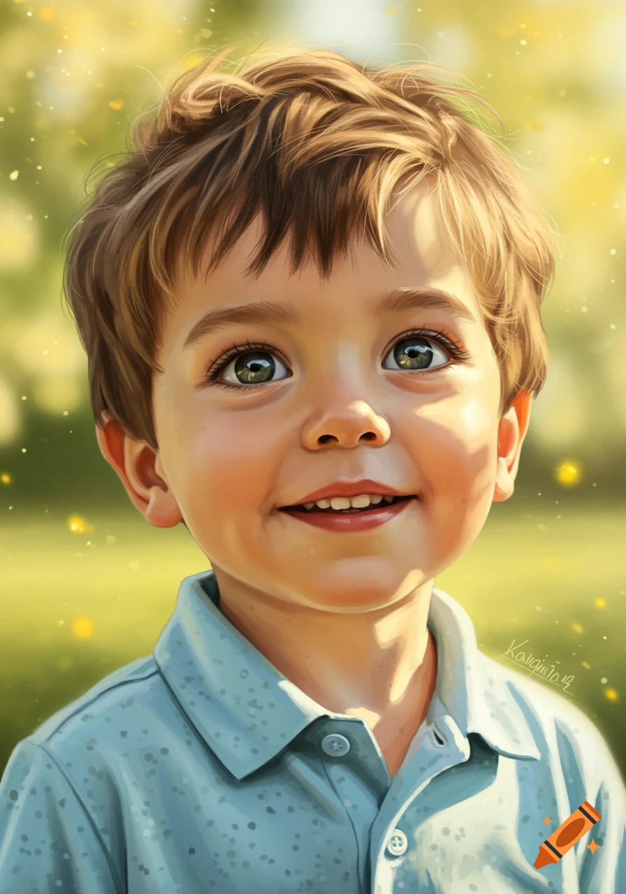 A close-up digital painting of a smiling young boy with green eyes and brown hair, wearing a light blue shirt, against a sunny green background with sparkling light.
